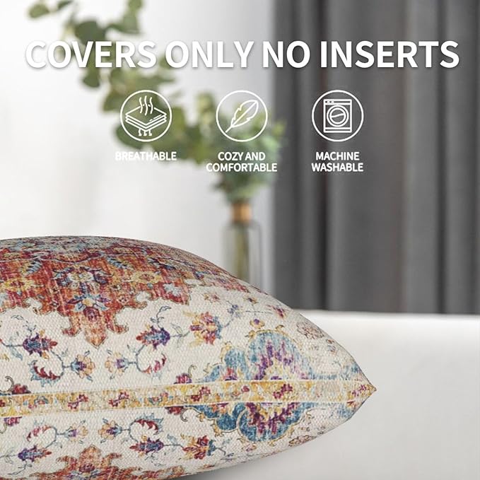 Boho Pillow Covers 24x24 Set of 2, Blue Orange Bohemian Carpet Pattern Outdoor Decorative Throw Pillows Linen Ethnic Design Vintage Farmhouse Cushion Cases for Couch Sofa Decor