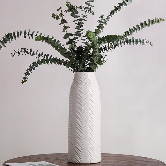 hjn Large White Vase for Flowers Ceramic Vase for Home Decor Tall Vases for Your Floor/Kitchen/Office/Living Room/Table- White Texture(Large)