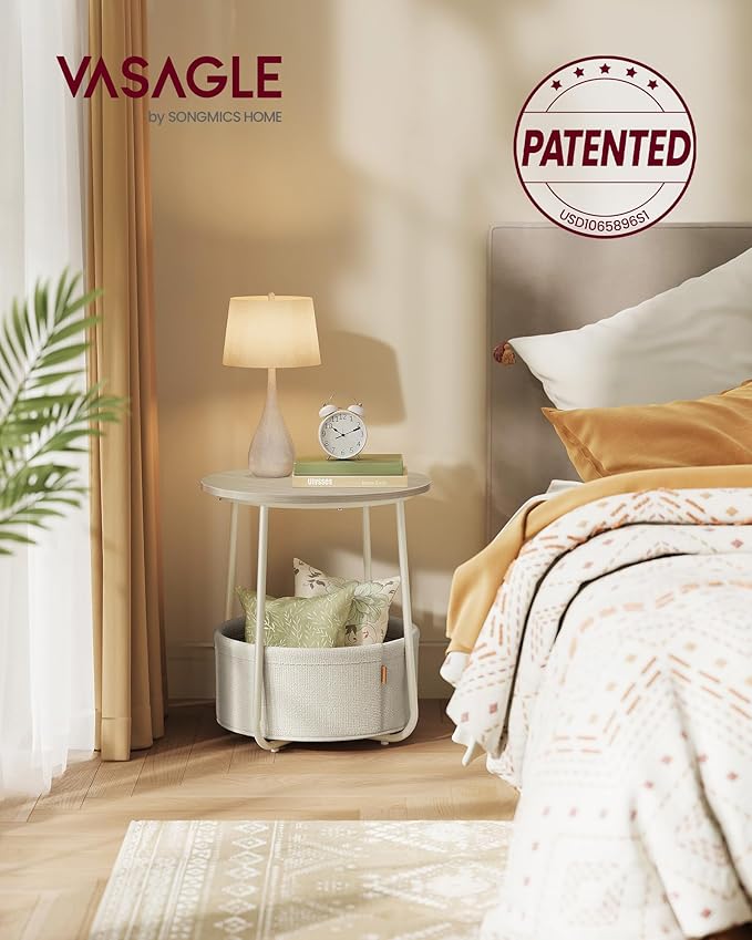 VASAGLE Small Round Side End Table, Modern Nightstand with Fabric Basket, Cream White ULET223K67