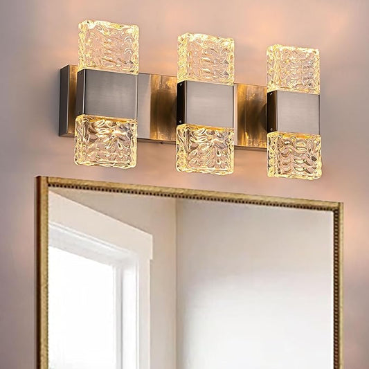 MELUCEE 3-Light Brushed Nickel Vanity Light Bar LED Bathroom Lighting Fixtures Over Mirror Dimmable Modern Wall Light with Crystal Column for Bath Restroom Powder Room, 3000K Warm Lighting