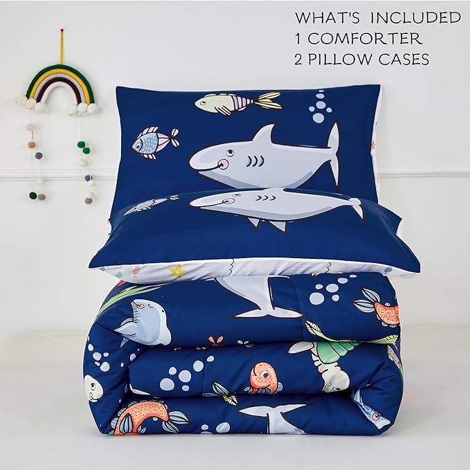 RYNGHIPY Kids Bedding Set for Twin Bed Reversible Ocean Animals Print Comforter Set for Boys Girls Easy-Wash Super Soft Microfiber Bed Set (Navy Ocean,Twin)