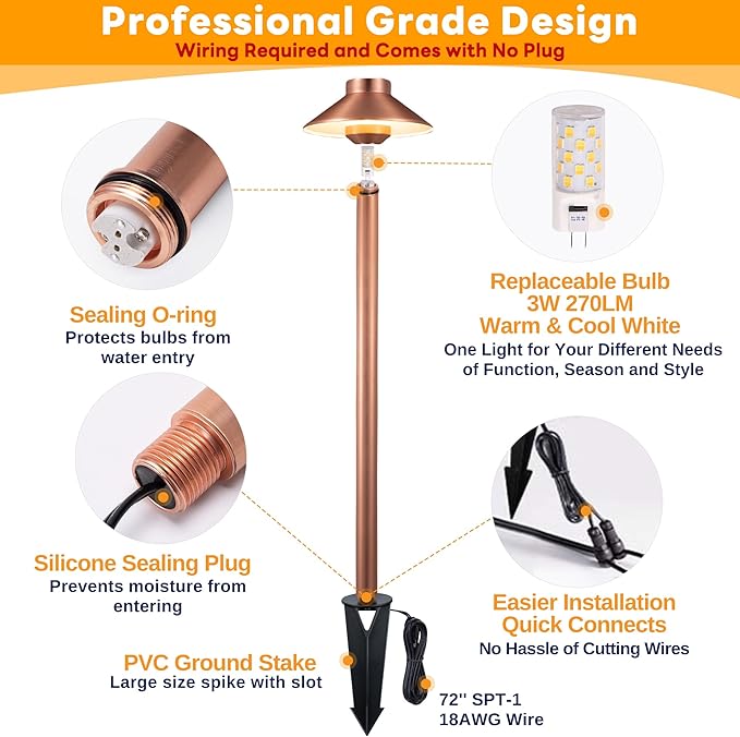 Low Voltage Landscape Lighting Brass, 2700K/3000K/4000K Adjustable 12v Pathway Lights Waterproof, Copper Path Light for Exterior Area Patio House with 3W 270LM G4 Bulb (6 Pack)