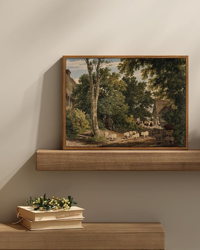 InSimSea Framed Canvas Wall Art Vintage Decor, Room Decor Classical Countryside Landscape Watercolor Painting Canvas Prints Wall Art for Living Room Badroom Farmhouse Bathroom, 12"x16"