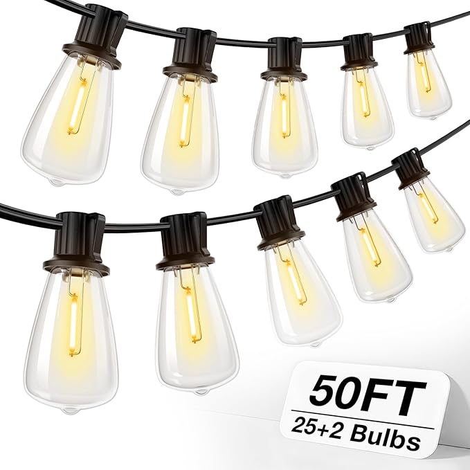 addlon 50FT LED Outdoor String Lights Waterproof Patio Lights with 27 Shatterproof ST38 Replaceable Bulbs(2 Spare), Dimmable Outside Hanging Light Connectable for Porch, Backyard, 2200K Warm Yellow