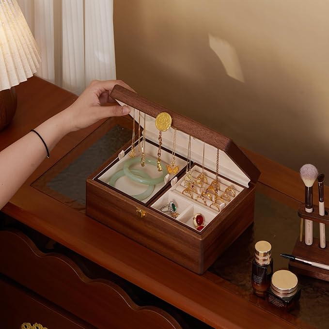 Wooden Jewelry Box For Women Jewelry Organizer Box With Lock 2 Layer Jewelry Holder Organizer For Necklace Ring Earring