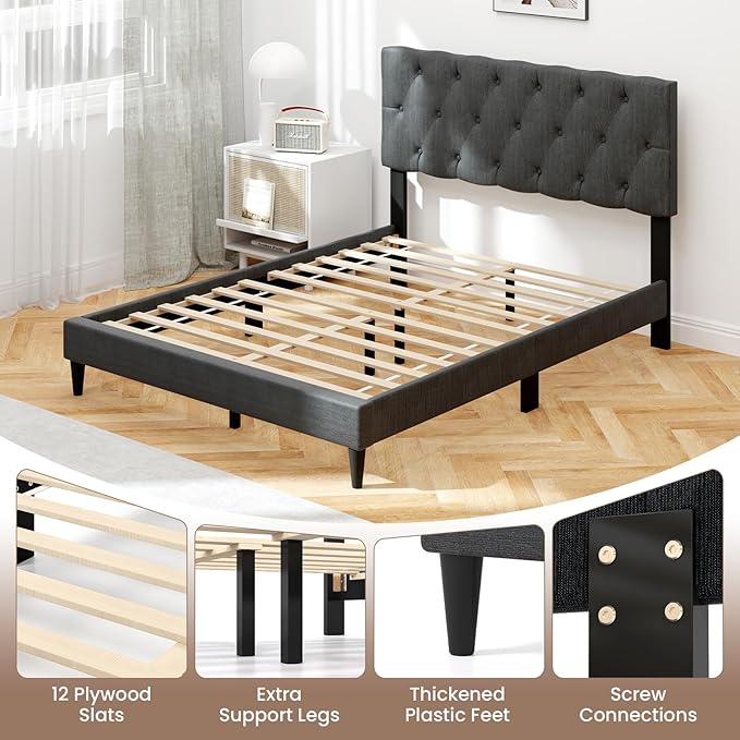 Giantex Full Size Platform Bed Frame, Modern Upholstered Bed Frame with Diamond Tufting Headboard, Wooden Slats Support, No Box Spring Needed, Gray