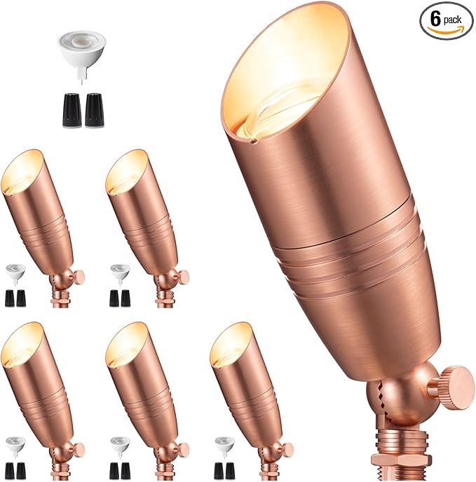 Low Voltage Spot Lights - Solid Brass Landscape Spotlight Wired, 12V Outdoor LED Bullet Uplights, Waterproof Electric Copper for Patio Wall with 2700K Warm White MR16 Bulb (6 Pack)