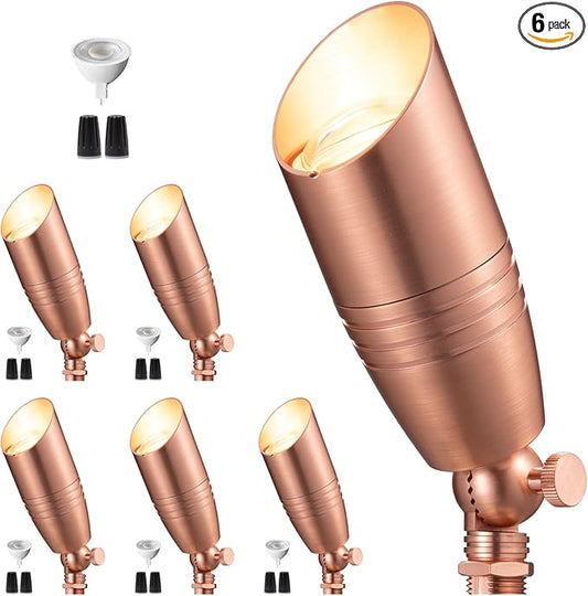 Low Voltage Spot Lights - Solid Brass Landscape Spotlight Wired, 12V Outdoor LED Bullet Uplights, Waterproof Electric Copper for Patio Wall with 2700K Warm White MR16 Bulb (6 Pack)