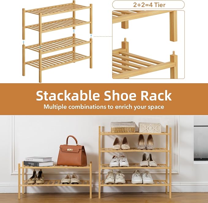 4 Tier Bamboo Shoe Rack Storage Organizer for Closet, Multifunctional Stackable Free Standing Shoe Shelf Organizer for Small Space,Entryway,Hallway,Bathroom 27"x11"x26"(Natural, 4 Tier)