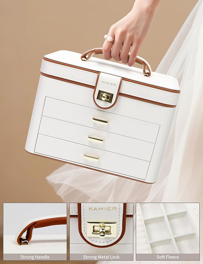 KAMIER Jewelry Boxes for Women, 4 Layer Jewelry Organizer with Mirror, 3 Drawers, Jewelry Storage Box, Christmas Gift, for Earring, Necklace, Bracelet, Ring, White