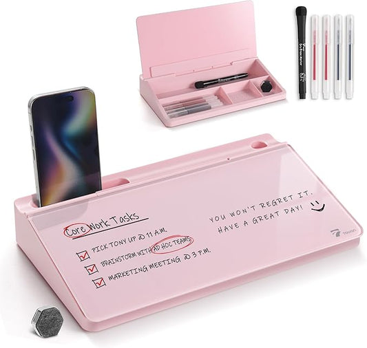 TOWON Small Compact Glass Desktop Whiteboard with Storage – 12 x 7 in Dry Erase Board for Desk, Home Office, School | Includes 5 Markers, Eraser & Holder | Space-Saving Organizer, Aesthetic Pink