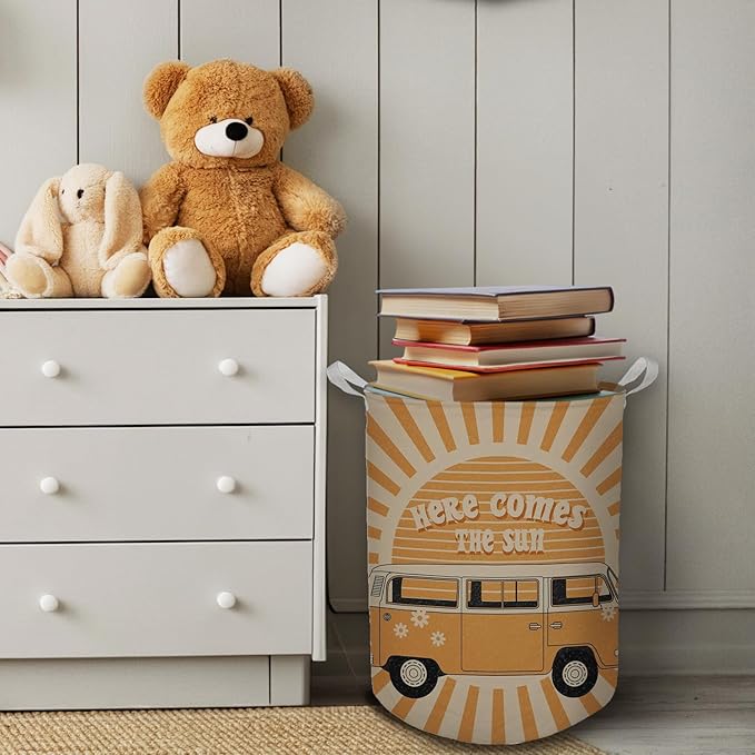 Here Comes the Sun Laundry Basket, 70s Retro Boho Sunshine Waterproof Collapsible Laundry Hamper Dirty Clothes Storage Toy Bin Organizer for Bathroom Bedroom Nursery Kids Room