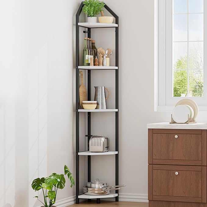 5-Tier Corner Shelf | 70 Inch Tall Bookshelf & Plant Stand, Heavy Duty Storage for Home Office & Living Room - White