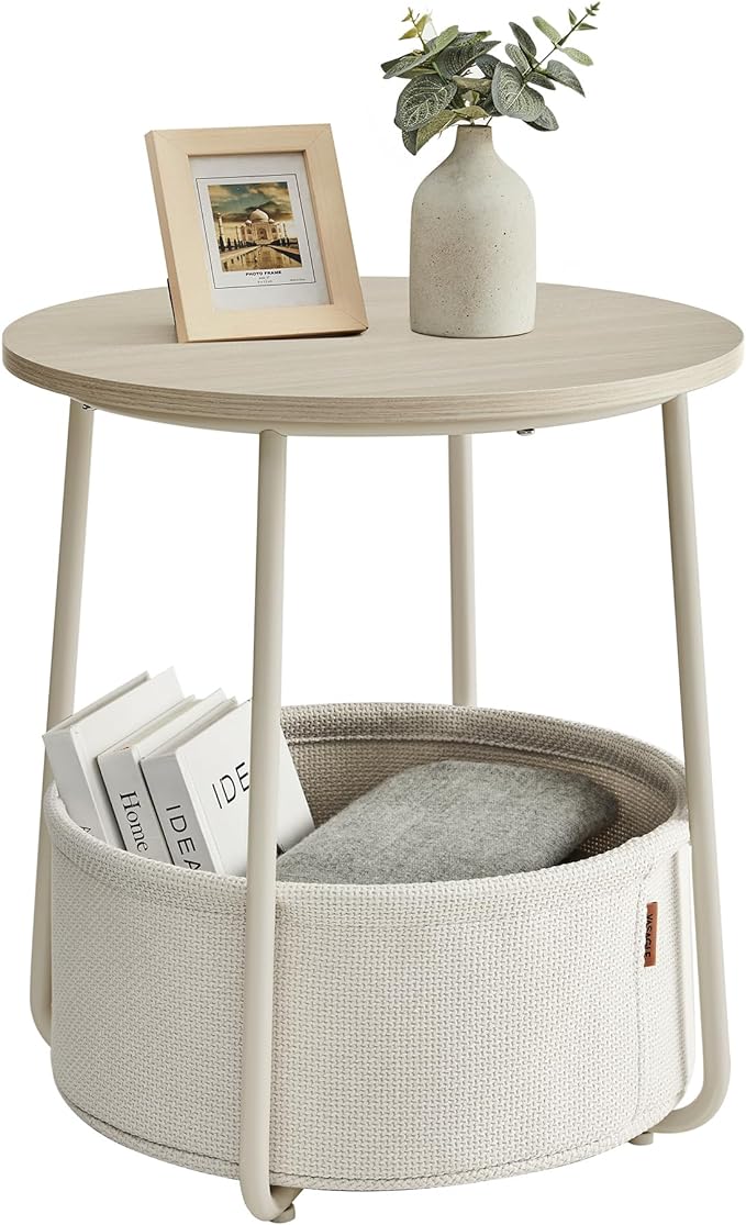 VASAGLE Small Round Side End Table, Modern Nightstand with Fabric Basket, Cream White ULET223K67