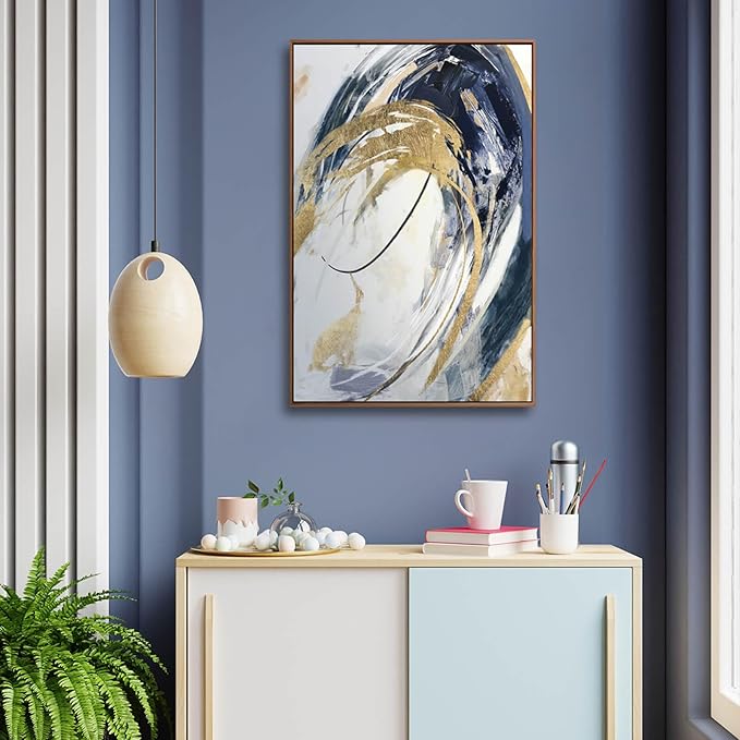 SDYA Gold Wall Decor Living Room Abstract Wall Art Blue Paintings Bedroom Aesthetic Frame Wall Decorations Large Artwork for Home Office 24x36 Inch