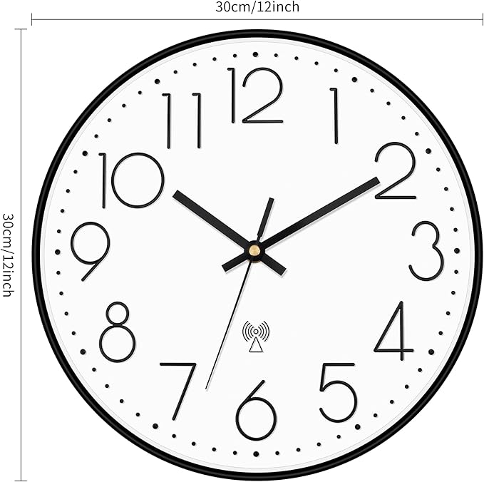 Foxtop Atomic Wall Clock Battery Operated Round Analog Modern Wall Clock Sets Automatically for Office Classroom Bedroom Kitchen Living Room (Black)