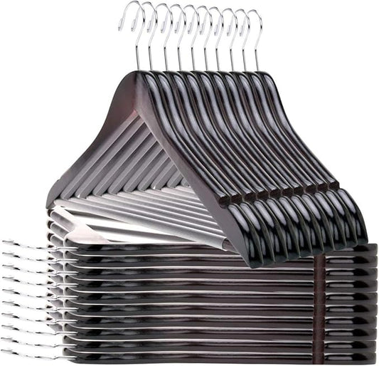 Quality Wooden Hangers - Slightly Curved, 20 Pack Sets - Mahogany Color Wood Coat Hangers with Chrome Hooks - Heavy-Duty for Clothes, Jackets, Shirts, Pants, Suits