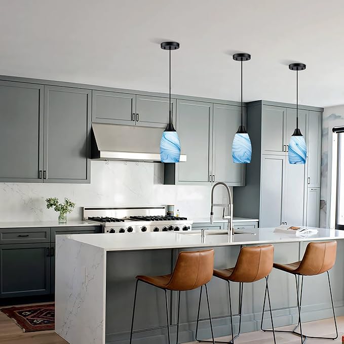 Mini Glass Pendant Light 4.72" with Handblown Blue Marble Art Glass Hanging Light 3-Pack Oval Ceiling Hanging Light Fixture for Dining Room Kitchen Island Cafe Foyer Hallway