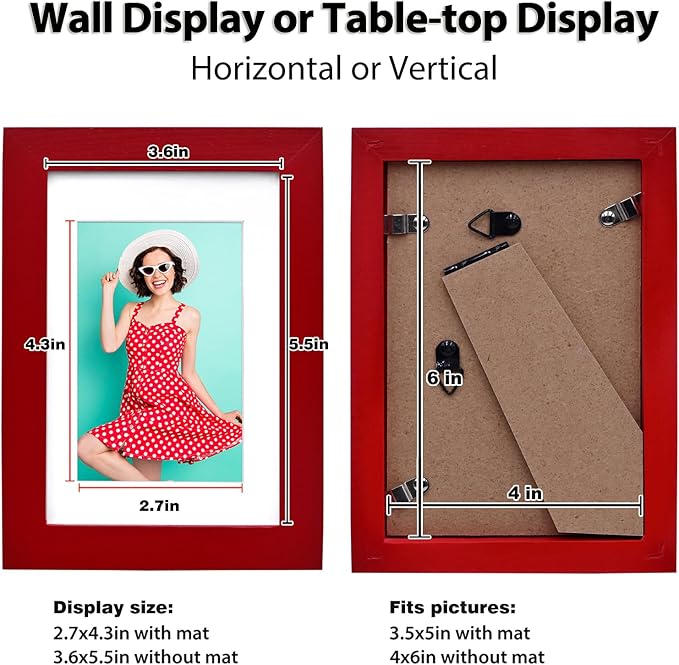 KINLINK 4x6 Picture Frames Red, Solid Wood Frames with Acrylic Plexiglass for 3.5x5 with Mat or 4x6 without Mat, Tabletop and Wall Mounting Display, Set of 4