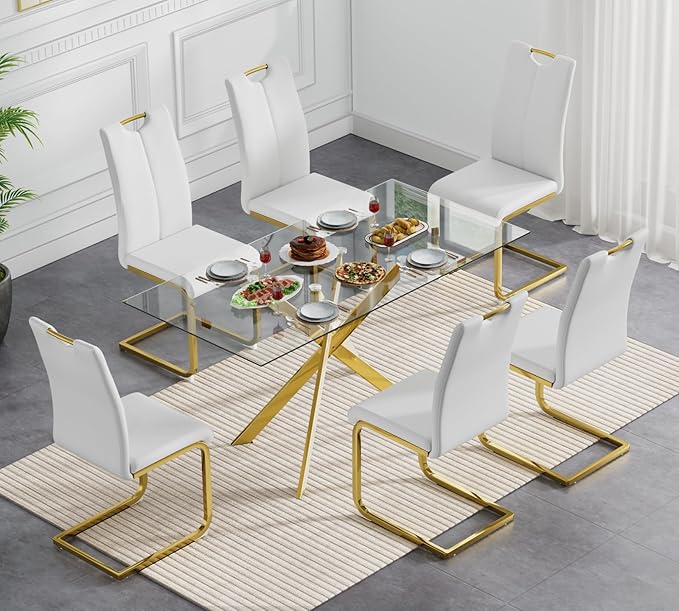 Goujxcy Gold Dining Table Set for 6, Glass Kitchen Table with Chair Set, Modern 51" Rectangle Glass Dining Table and 6 White PU Leather Chairs with Metal Frame for Kitchen Dining Room