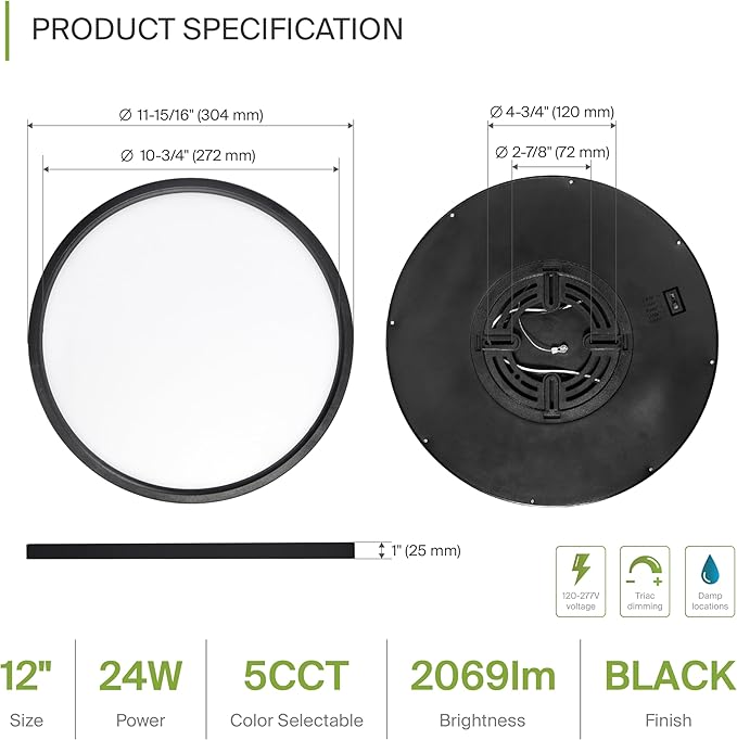 ASD LED 12" Round Flush Mount Ceiling Light Fixture, Low Profile Surface Lighting | 5CCT, Dimmable, Ultra-Thin, ETL Listed | 24W 2000LM 2700-6000K 100-277V | Kitchen, Hallway Lamp | Black, 4 Pack