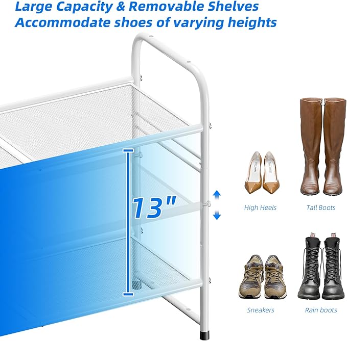 SUFAUY 3-Tier Mesh Shoe Rack, Closet Metal 33" Wide Shoe Rack Organizer Heavy Duty, White
