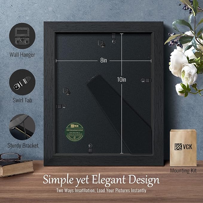 VCK 8x10 Picture Frame Set of 4 - Black, Gallery-Quality Wood Poster Frames, 1.1-Inch Wide Border, Polished Plexiglass, Vertical or Horizontal Wall & Tabletop Display for Photo/Art/Prints, Black