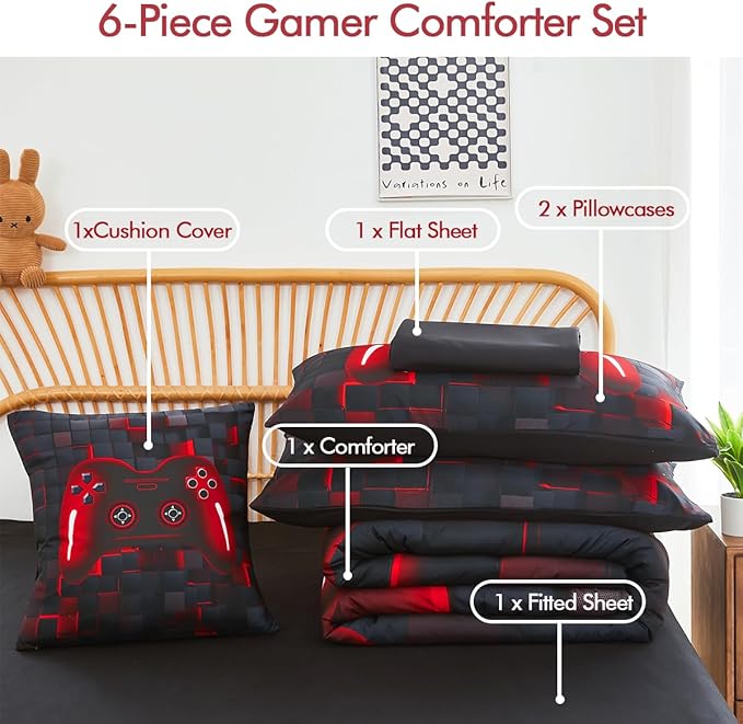 PERFEMET 6-Piece Boys Comforter Set Full Size Game Console Bedding Set for Kids Teen 3D Black and Red Gamepad Gaming Bed in a Bag Matching Sheet Set(Red, Full)