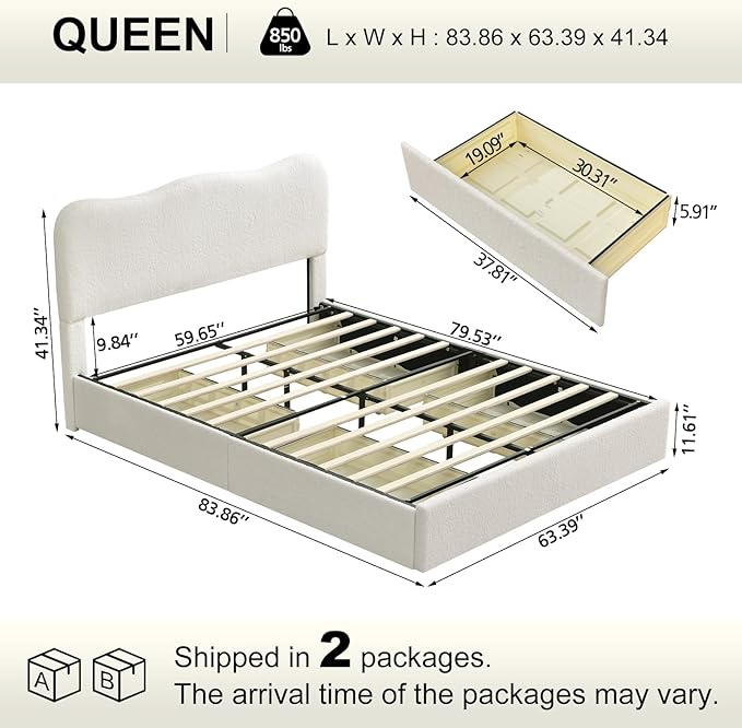 VELOCAVA Queen Size Upholstered Bed with 4 Storage Drawers, Modern Upholstered Bouclé Platform Frame with Curved Headboard, Sturdy Wood Slats, Rounded Corners, No Box Spring Needed, Cream White