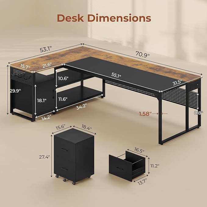 71" Executive Desk, Reversible L Shaped Desk with Mobile File Cabinet & Power Outlets, Large Office Desk with Drawers, Storage Shelves, Hooks, Corner Computer Desk for Home Office