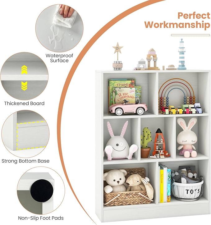 Costzon Wooden Toy Storage Organizer, 7-Cube Kids Bookshelf w/ 2 Anti-Toppling Kits, 3 Tier Open Shelves & Non-Slip Foot Pads, Book Shelf for Kids Rooms, Playroom, Classroom, Nursery (White)