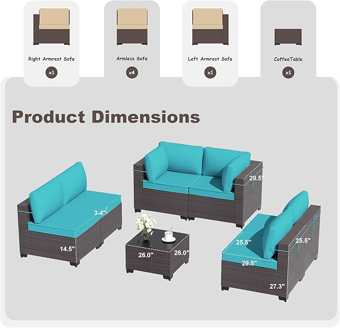 Kurapika 7 Pieces Patio Furniture Set, Rattan Wicker Outdoor Conversation Sets w/4 Inch Cushion and Glass Coffee Table(Blue)