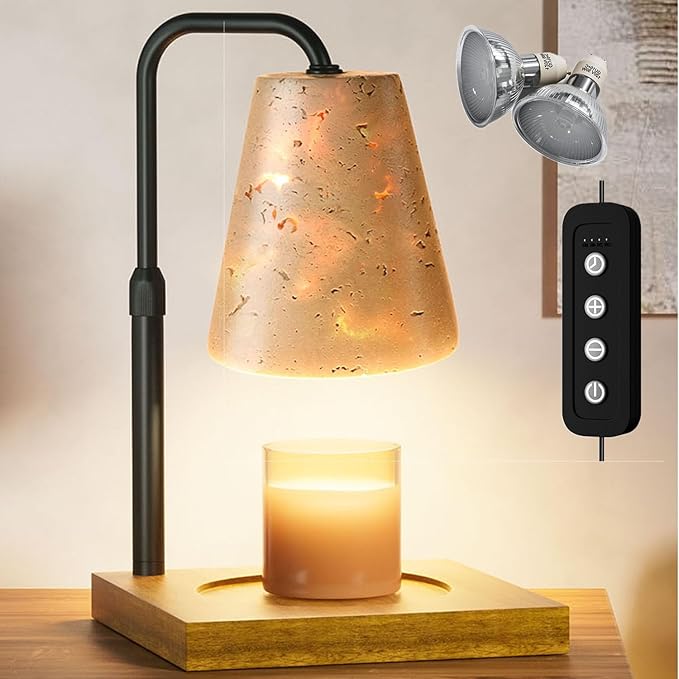 Candle Warmer Lamp with Timer, Adjustable Height Dimmable Candle Lamp for Bedroom, Wax Warmer for Scented Candles with Marble, 2 Bulbs House Warming Gift for Mom (Slant)