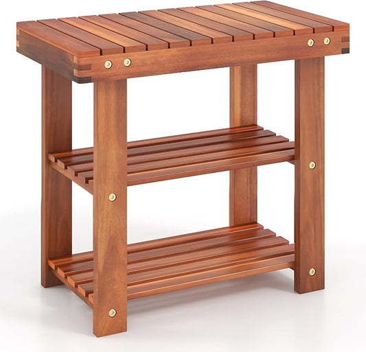 Tangkula Acacia Wood Shoe Rack Bench, 3 Tier Sturdy Bench, Storage Organizer, Holds up to 180lbs for Entryway, Bedroom, Living Room, Balcony, Teak Color (19-inch)