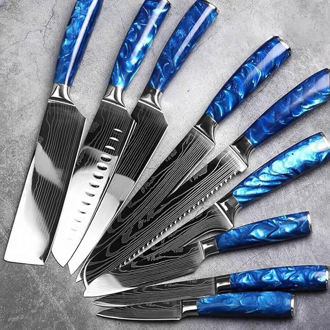 SENKEN 8-Piece Japanese Knife Set - Blue Resin Handle, Laser Damascus Blades - Chef's, Santoku, Bread & Paring Knives