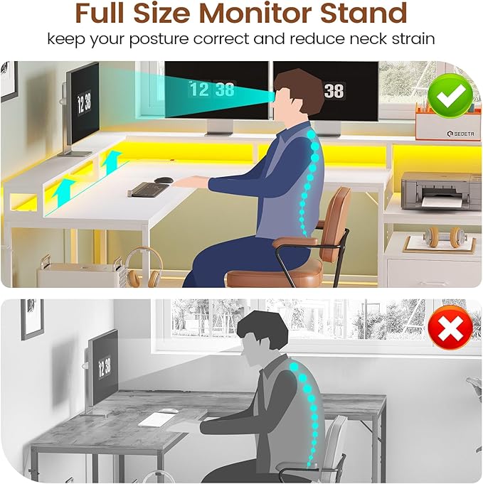 SEDETA White L Shaped Gaming Desk, 66" Home Office Desk with File Drawer, Power Outlet and Led Lights, Corner Computer Desk with Monitor Shelf, Printer Storage Shelves, for Two Person