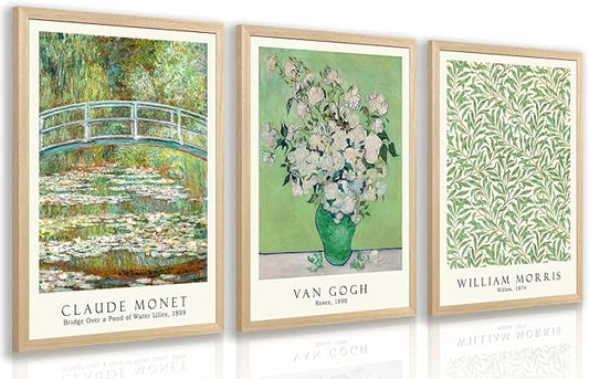 FASWQ Wood Framed Monet Van Gogh William Morris Wall Art, Grass Botanical Wall Decor, Mid Century Impressionist Canvas Paintings, Modern Green Landscape Poster Print for Living Room Bedroom 12"x16"x3