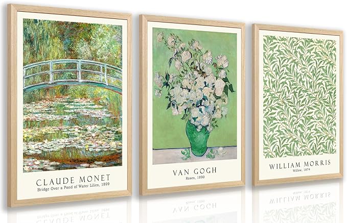 FASWQ Wood Framed Monet Van Gogh William Morris Wall Art, Grass Botanical Wall Decor, Mid Century Impressionist Canvas Paintings, Modern Green Landscape Poster Print for Living Room Bedroom 16"x24"x3