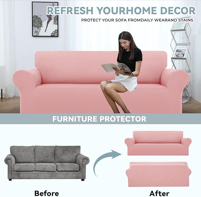 LURKA Stretch Sofa Slipcovers 1 Piece Couch Covers for 3 Cushion Couch Sofa Furniture Protector Full Sofa Covers with Elastic Bottom for Kids and Dog (Large, Pink)