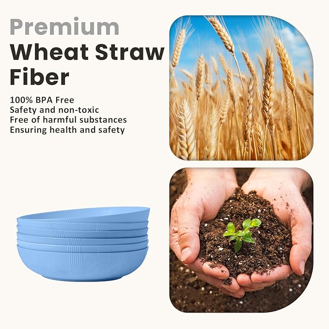 Homienly Wheat Straw Big Bowls Salad Bowls Set of 6 10 inch Serving Bowls 65 oz Large Bowls Plastic Plates Bowls Wide and Shallow Bowls for Kitchen Microwave & Dishwasher Safe-Sky Blue