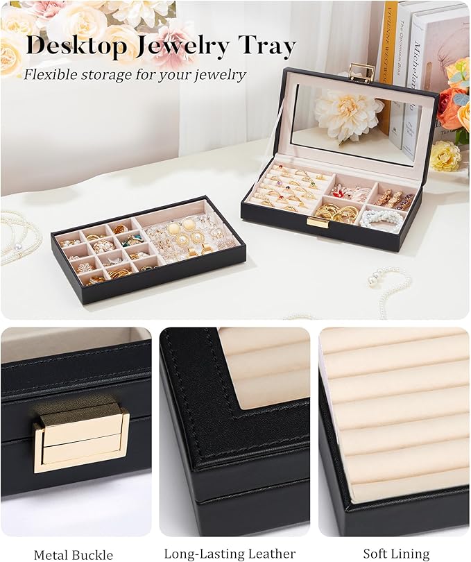 Homde Jewelry Tray Stackable Jewelry Box with Glass Lid, Removable Dividers for Vanity Table Gift Idea for Girls and Women (Black)