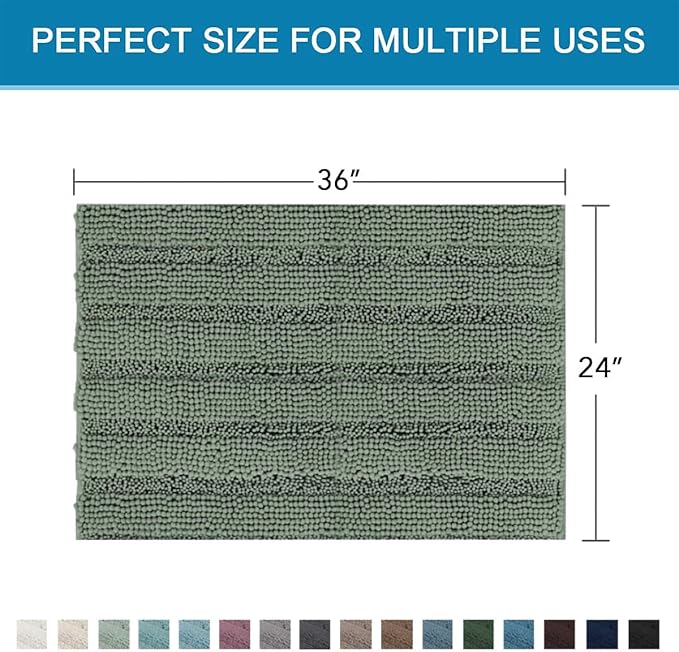 H.VERSAILTEX Bath Mats for Bathroom Non Slip Extra Thick Chenille Striped Bath Rug 24" x 36" Absorbent Non Skid Fluffy Soft Shaggy Rugs Washable Dry Fast Plush Mats for Indoor, Bath Room - Green Bay
