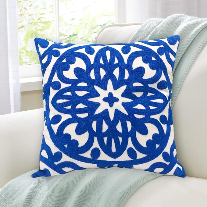 Alysheer Embroidered Decorative Throw Pillow Cover 18x18 inch, Classic Boho Mandala Chic Knit Pattern, 100% Cotton Canvas Cozy Cushion Case for Sofa Couch Living Room Bedroom(Royal Blue)