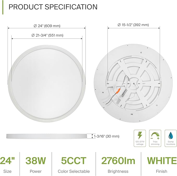 ASD LED 24" Round Flush Mount Ceiling Light Fixture, Low Profile Surface Lighting | 5CCT, Dimmable, Ultra-Thin, ETL Listed | 38W 2700LM 2700-6000K 100-277V | Kitchen, Hallway Lamp | White, 2 Pack