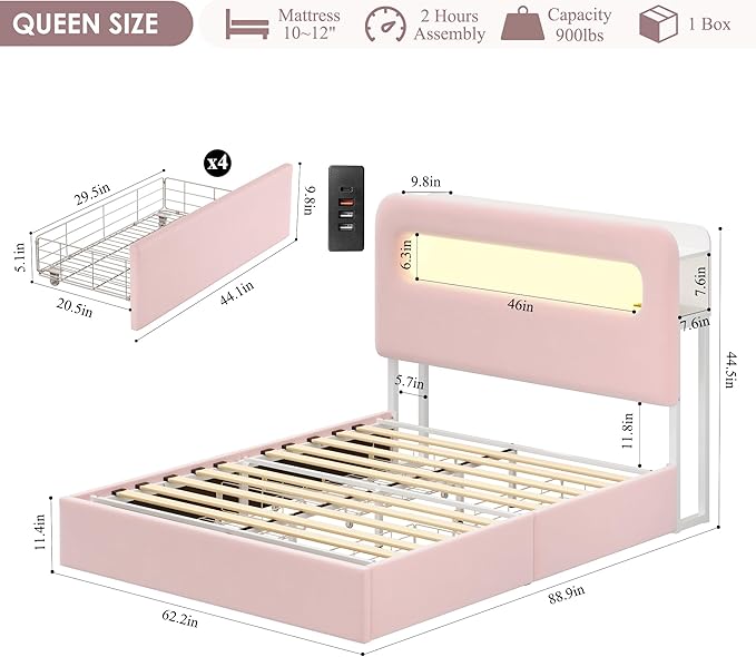 HOSTACK Queen LED Bed Frame with Storage Headboard and Charging Station, Girls Bed Frame with 4 Drawers and USB Ports, Velvet Upholstered Platform Bed Frame with Bookcase, No Box Spring Needed, Pink