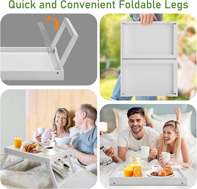 Bamboo Bed Tray Table with Foldable Legs, Breakfast Tray, Laptop Desk for Bed or Sofa,Food,Dinner,Serving,TV Table,Kitchen,Eating,Working (White)