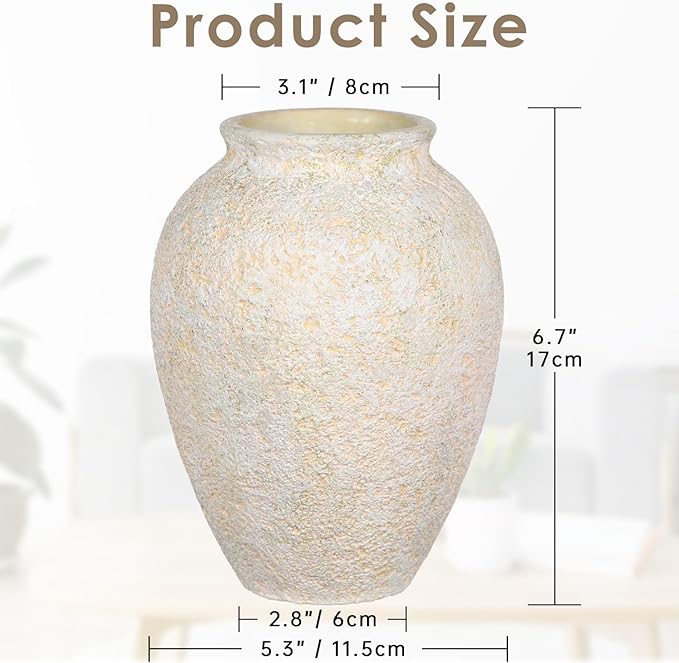 Rustic Ceramic Vase for Home Decor – 6.7" Small Decorative Beige Vases for Dried Flowers, Pampas Grass, Faux Plants – Modern Farmhouse Boho Table Centerpiece