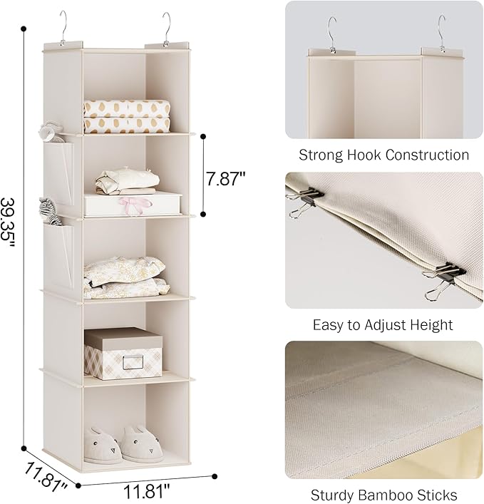 Hanging Closet Organizer, 5-Shelf Closet Hanging Storage Shelves, Beige