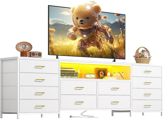 Fits 65,70 inch TV Stand Dresser 63" W TV Entertainment Center for Bedroom with LED Lights & Power Outlets 12 Long Fabric Dresser for Bedroom, Hallway or Closets White