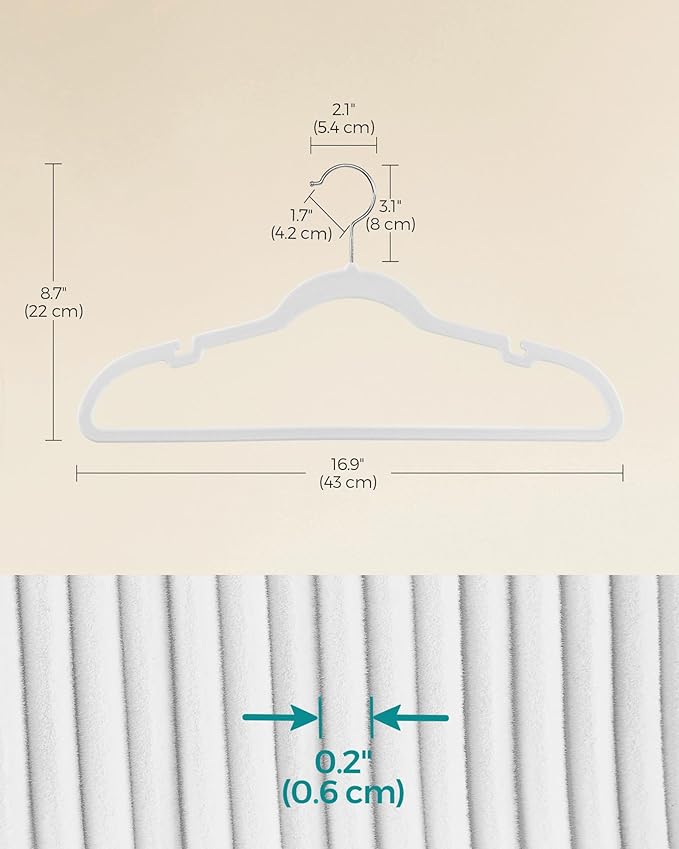 SONGMICS Velvet Hangers 50 Pack, Non-Slip Clothes Hangers, Suit Hangers with Shoulder Notches, Pants Bar, 360° Swivel Hook, Space-Saving, for Closet, Cloud White UCRF029W05